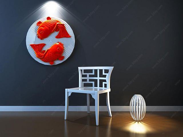 中式椅子金鱼墙饰组合3D模型