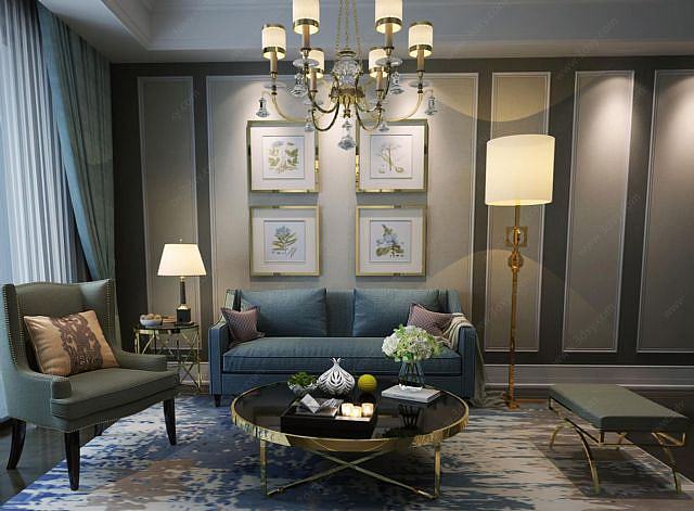 现代客厅沙发茶几陈设品组合3D模型