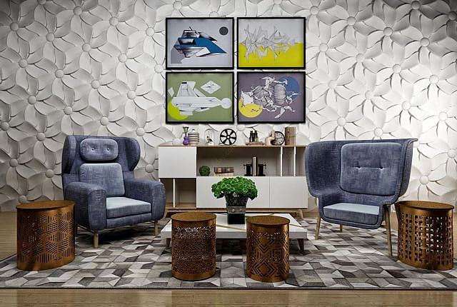 现代座椅茶几背景墙组合3D模型