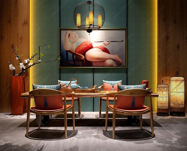 新中式餐厅桌椅干枝花艺组合3D模型