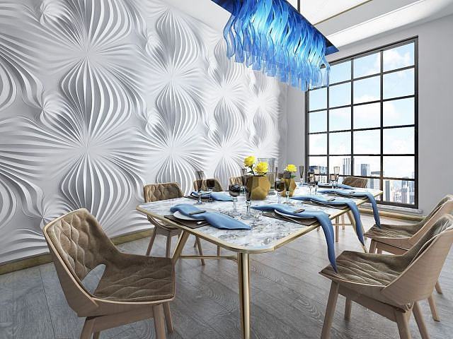 现代餐厅桌椅蓝水晶吊灯组合3D模型