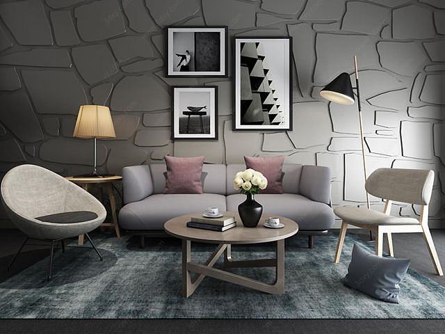 现代灰色系组合沙发3D模型