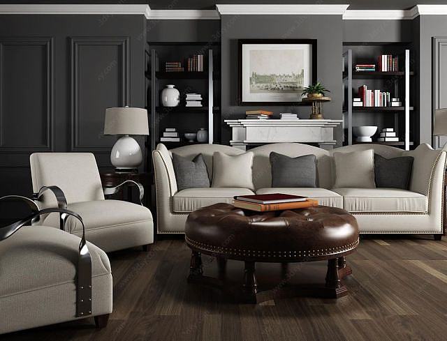 美式客厅沙发软包茶几组合3D模型