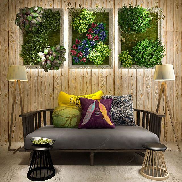 休闲长沙发椅植物墙组合3D模型