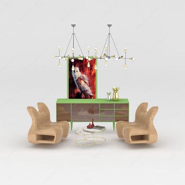 现代创意柜子吊灯纸椅组合3D模型