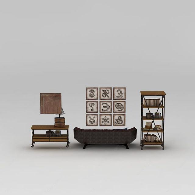 工业风多人沙发书架组合3D模型