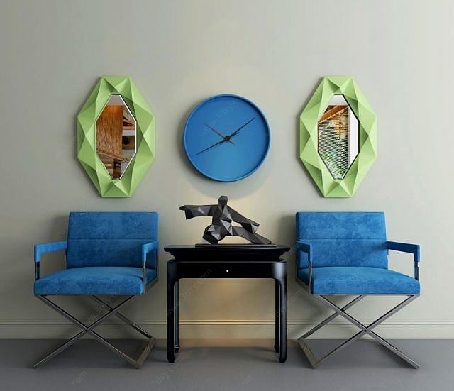 现代蓝色单椅墙饰组合3D模型