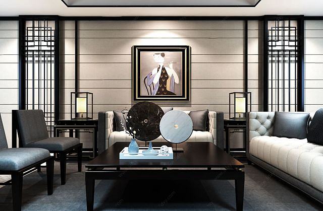 新中式沙发椅子茶几组合3D模型
