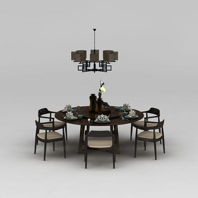 新中式餐厅桌椅组合3D模型