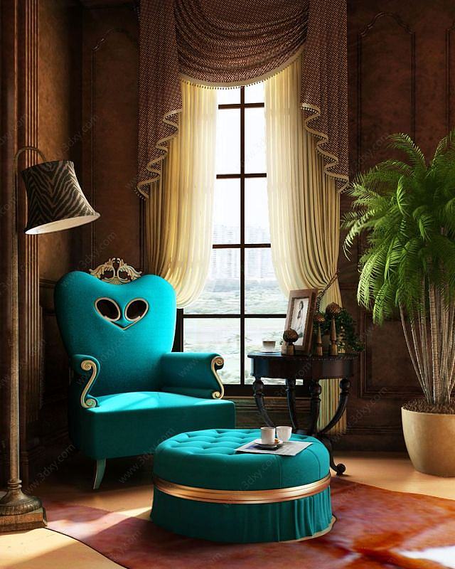 豪华孔雀蓝单人沙发3D模型