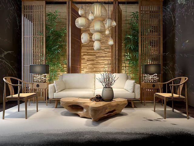 中式木头茶几沙发组合3D模型