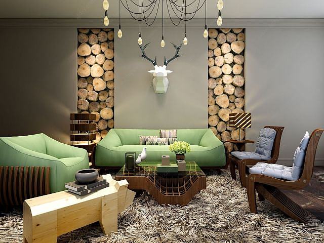 客厅木桩墙沙发椅子组合3D模型