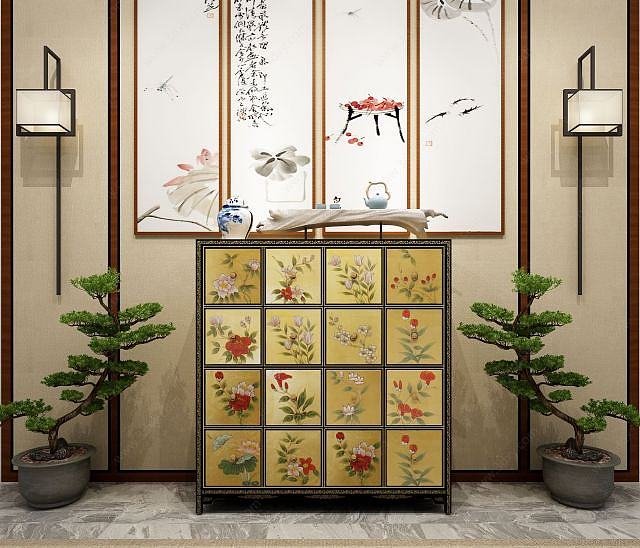 中式手绘玄关斗柜3D模型