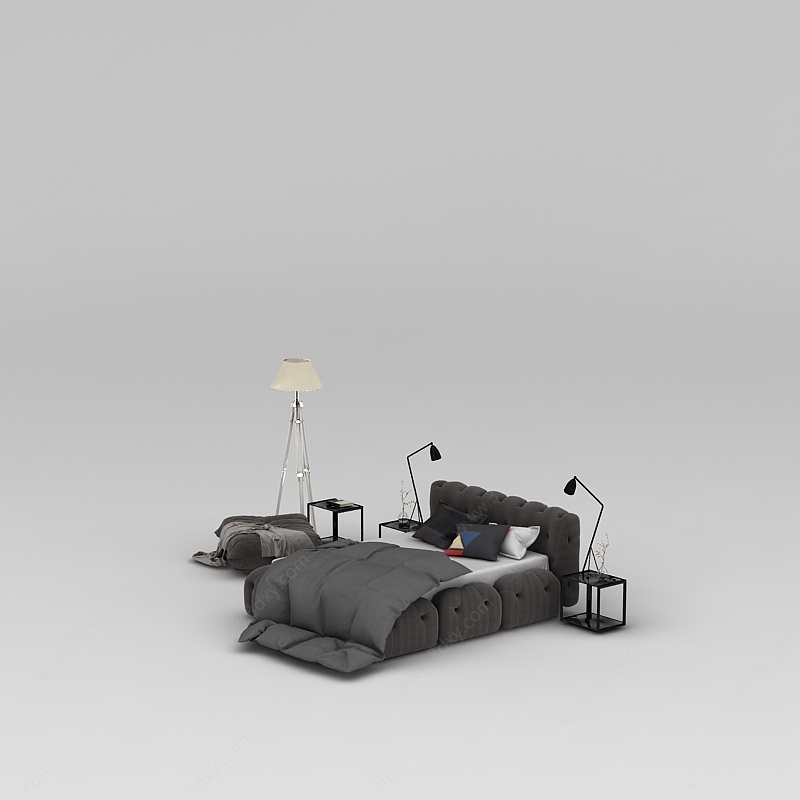 现代卧室床桌椅组合3D模型