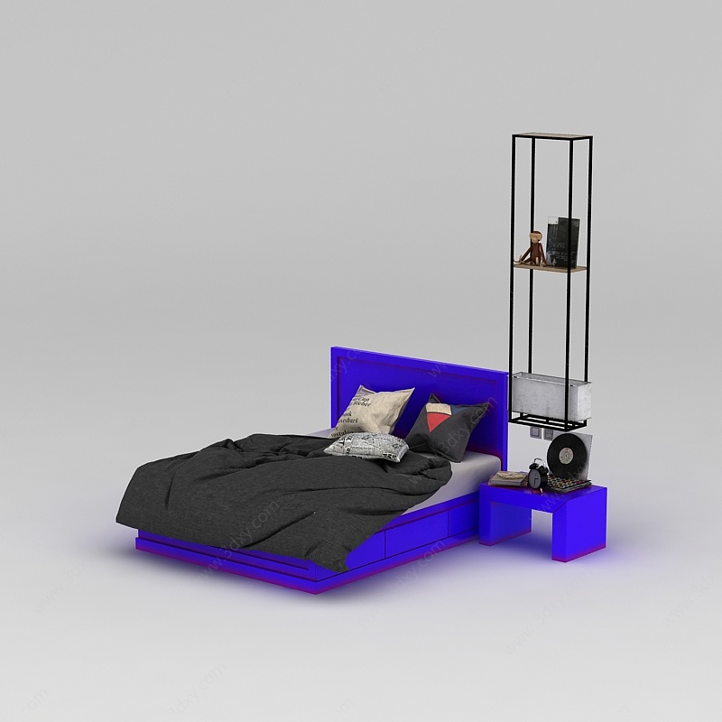 蓝色床床头柜组合3D模型