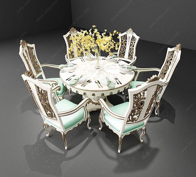 欧式圆餐桌椅子组合3D模型