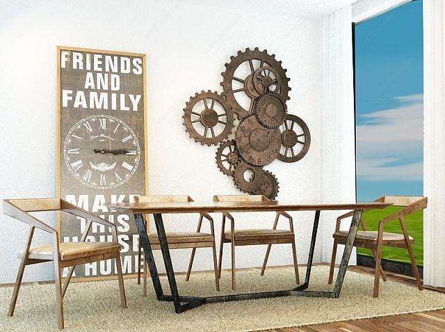 工业风齿轮墙饰餐桌椅组合3D模型