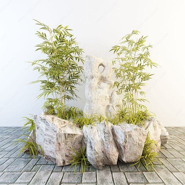 竹子石头景观小品3D模型