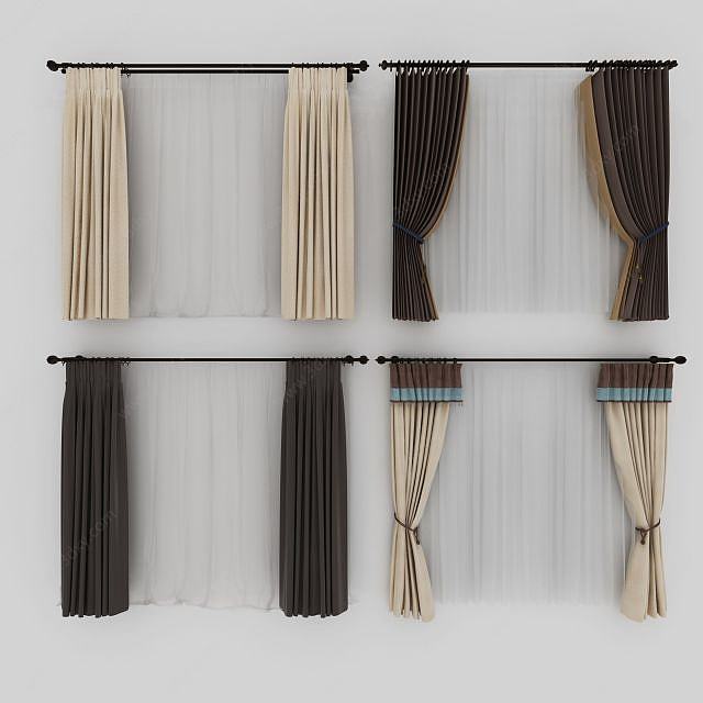 新中式挂杆窗帘3D模型