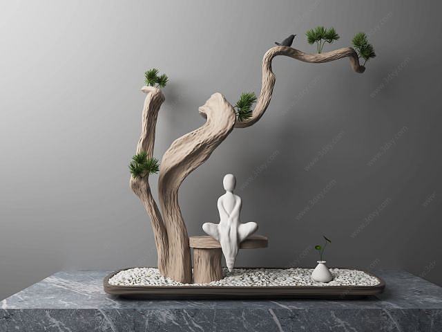 新中式松树任务雕塑摆件3D模型