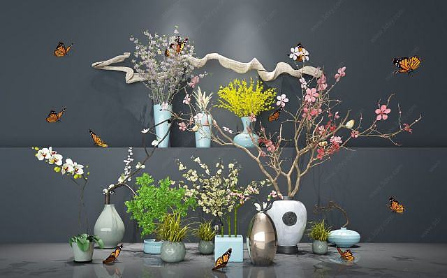 盆景植物组合新中式花艺3D模型
