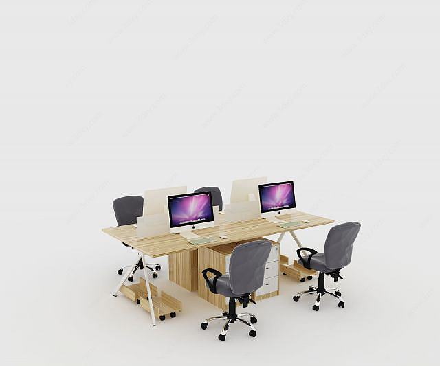 原木色现代屏风职员桌3D模型