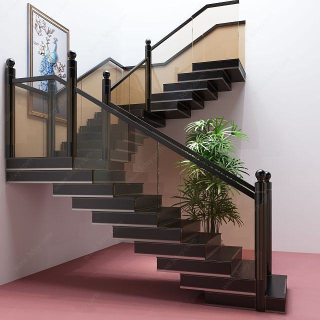 现代玻璃楼梯护栏阁楼楼梯3D模型
