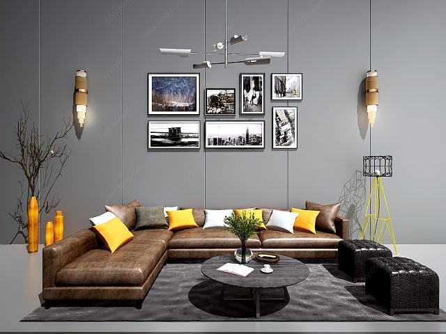 现代沙发茶几吊灯装饰画3D模型