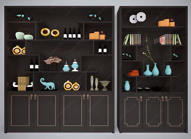 新中式酒柜书柜装饰柜3D模型