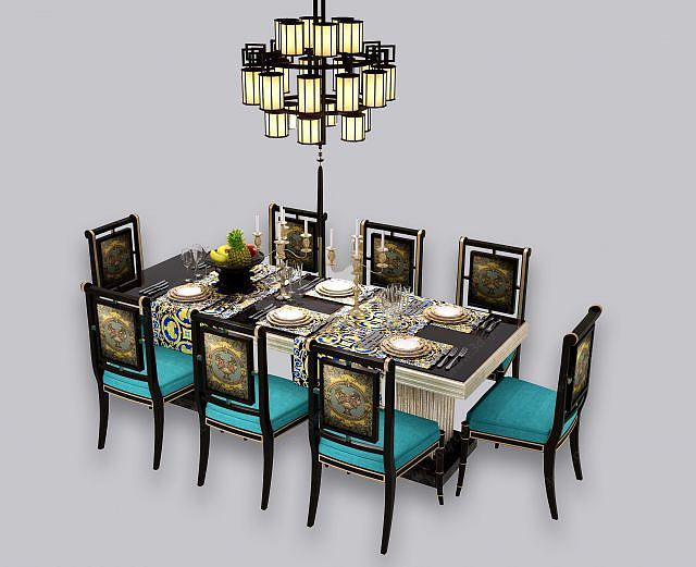 新中式餐桌椅吊灯组合3D模型