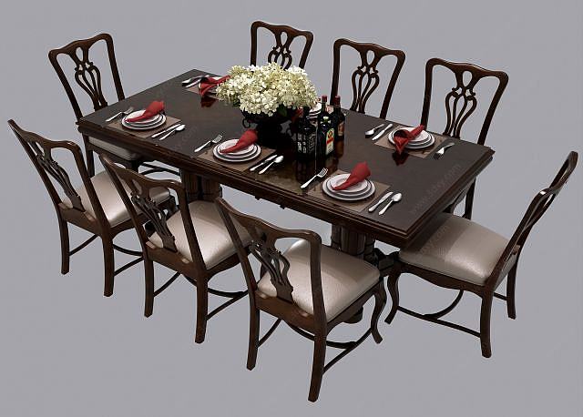 美式实木餐桌椅组合3D模型