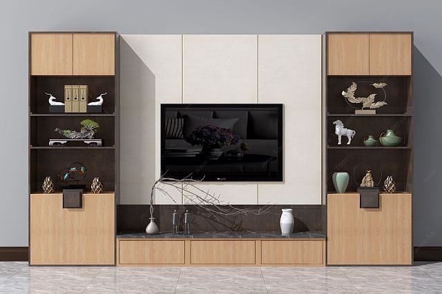 新中式电视背景墙电视柜3D模型