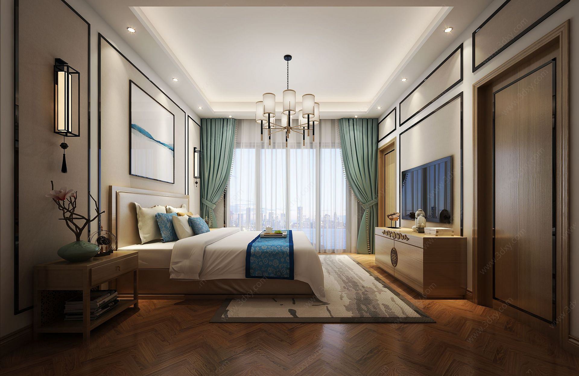 现代式蓝绿色调主题卧室3D模型