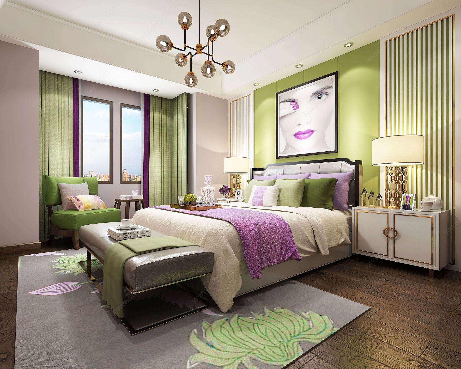 现代淡紫青绿色调主题卧室3D模型
