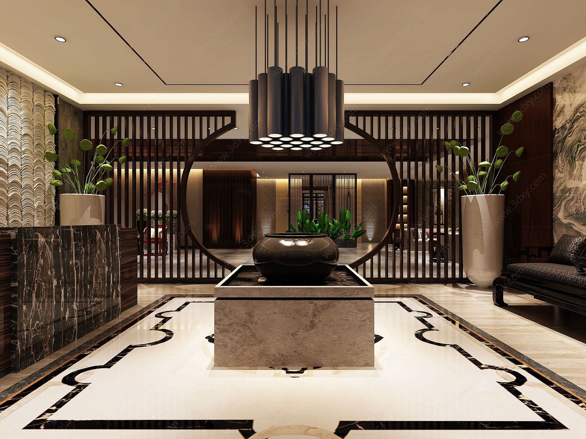 中式大堂酒店大厅3D模型