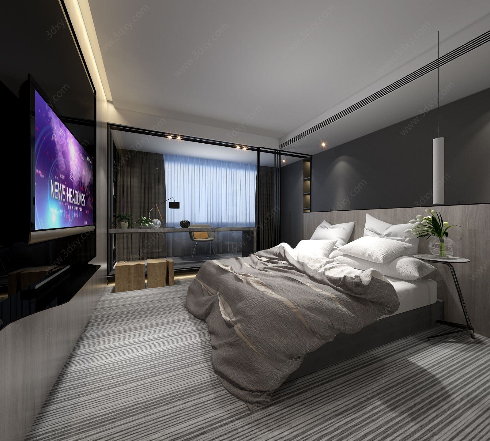 现代条纹地毯卧室3D模型