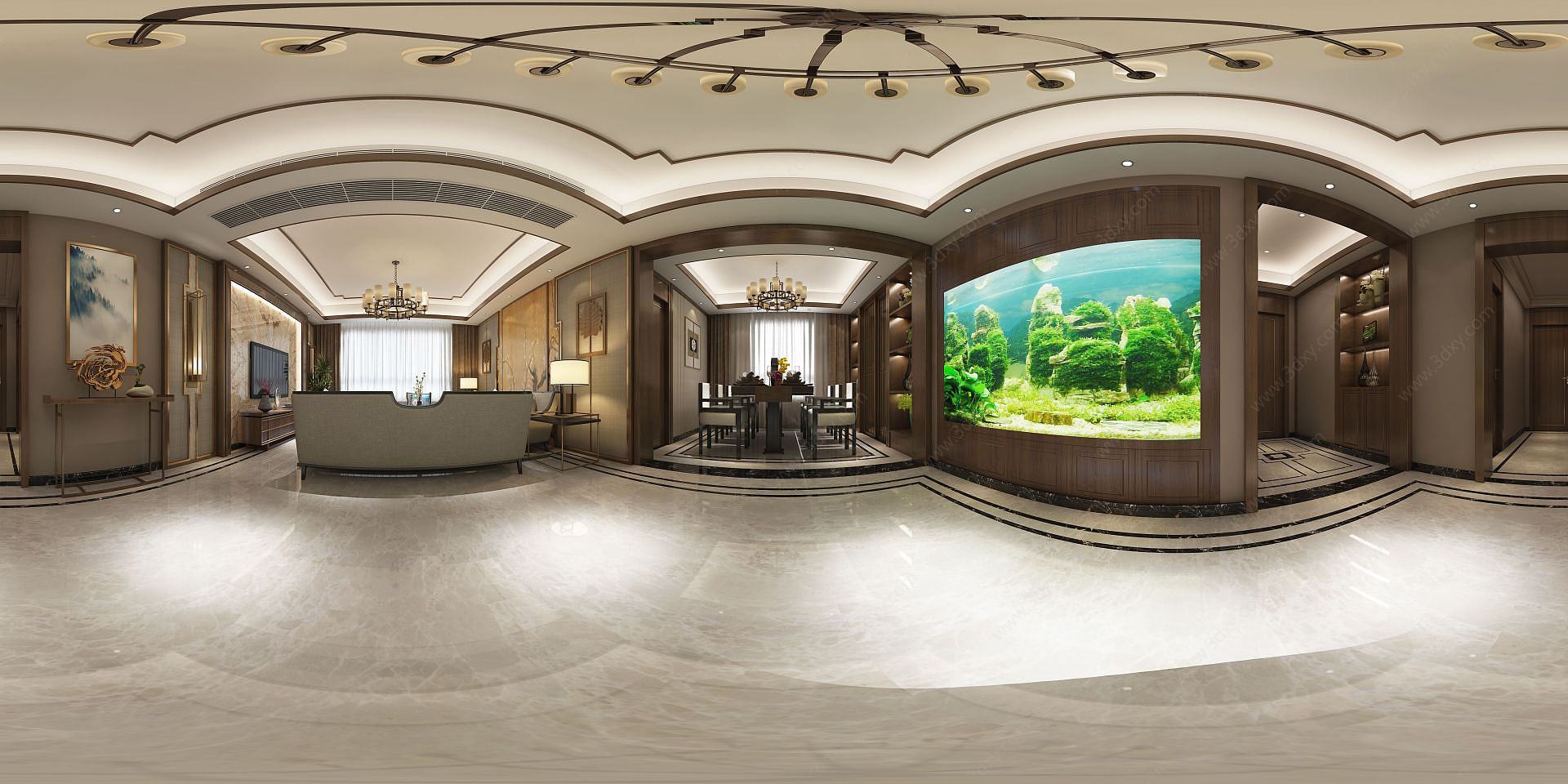 中式客厅海洋绿植墙3D模型