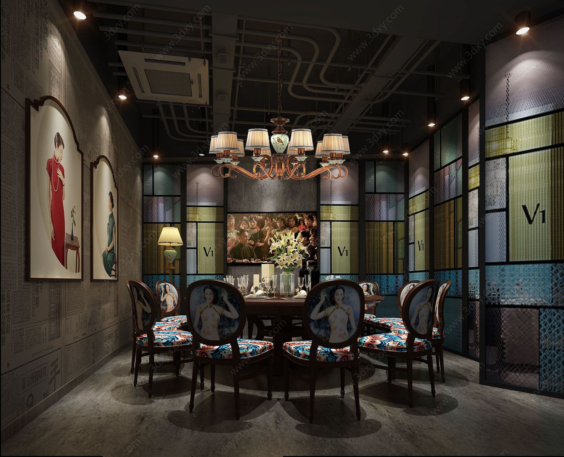 中式壁画主题餐厅3D模型