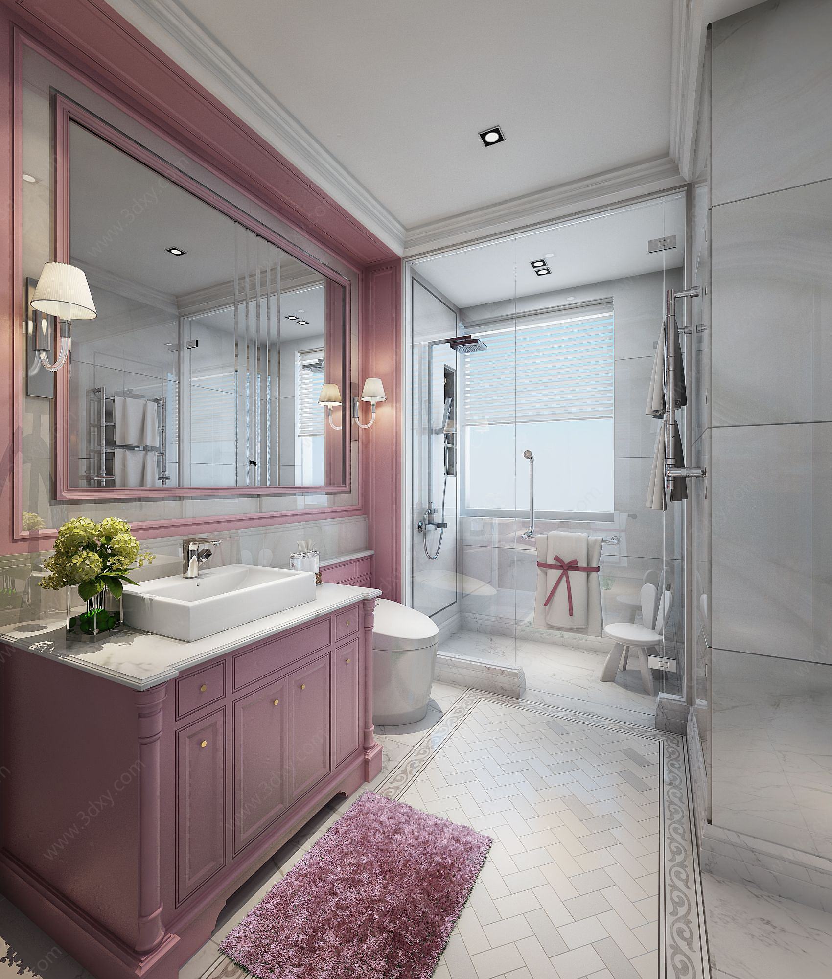 时尚粉色边框镜子卫生间3D模型