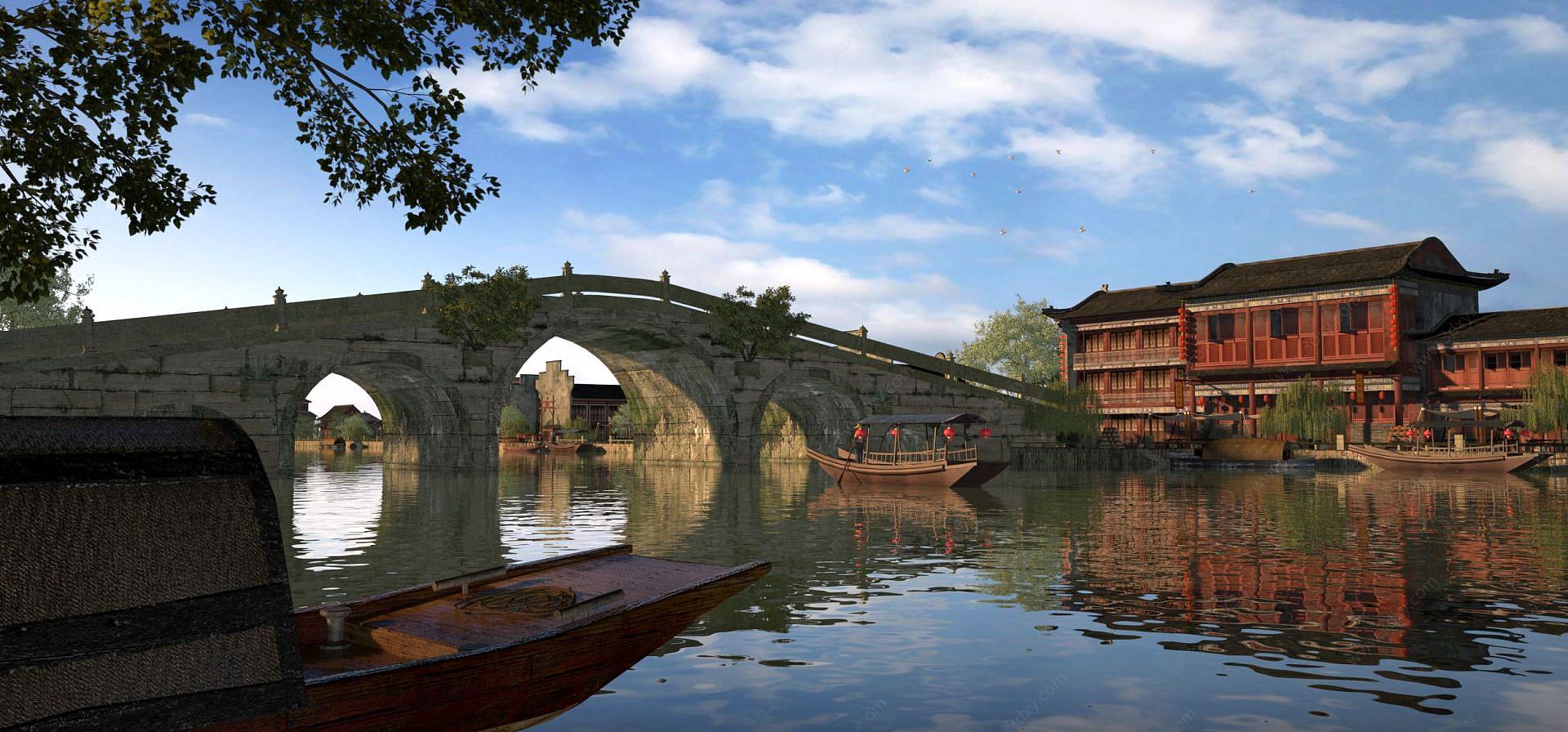 公园古建筑房子桥船3D模型