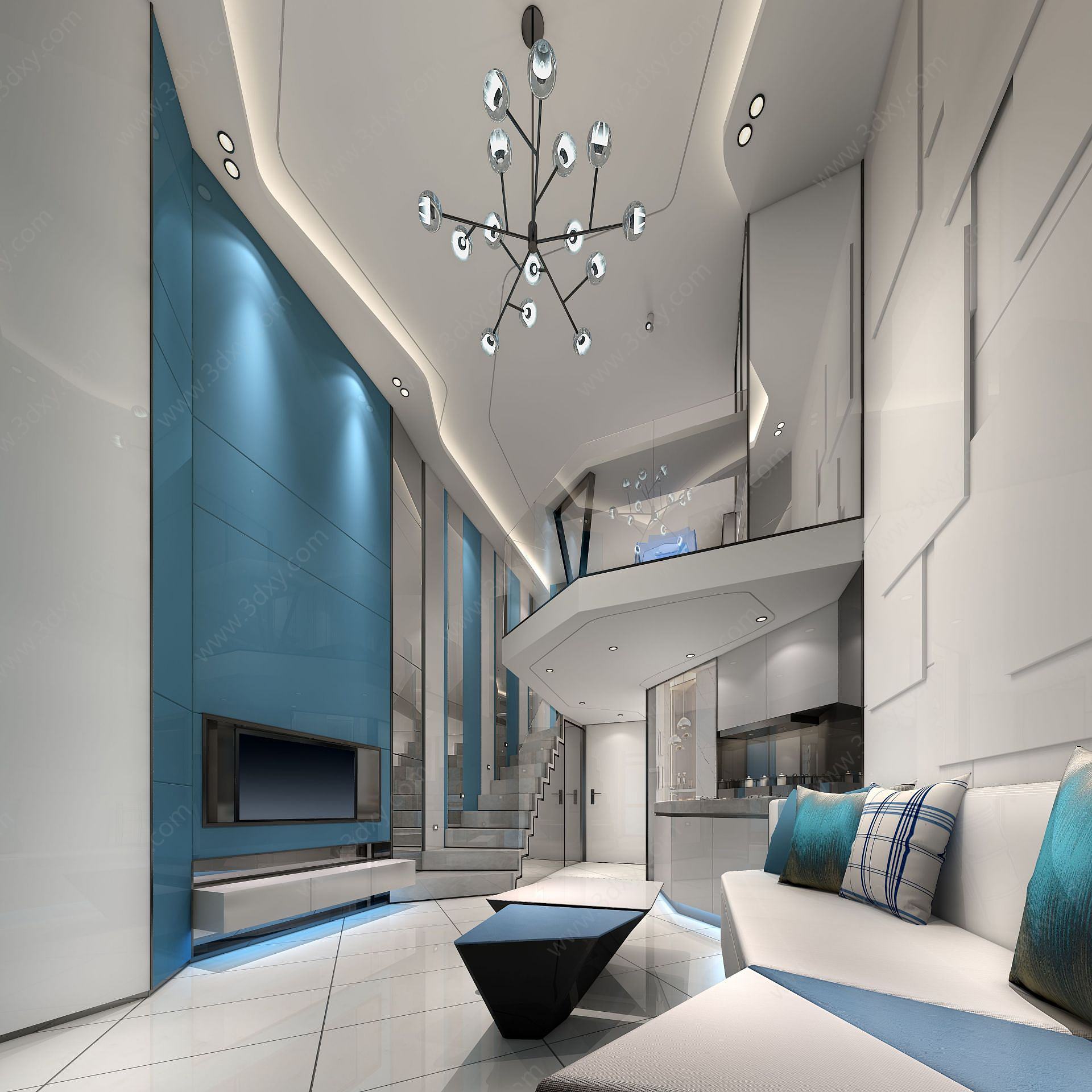 别墅客厅蓝白色调3D模型