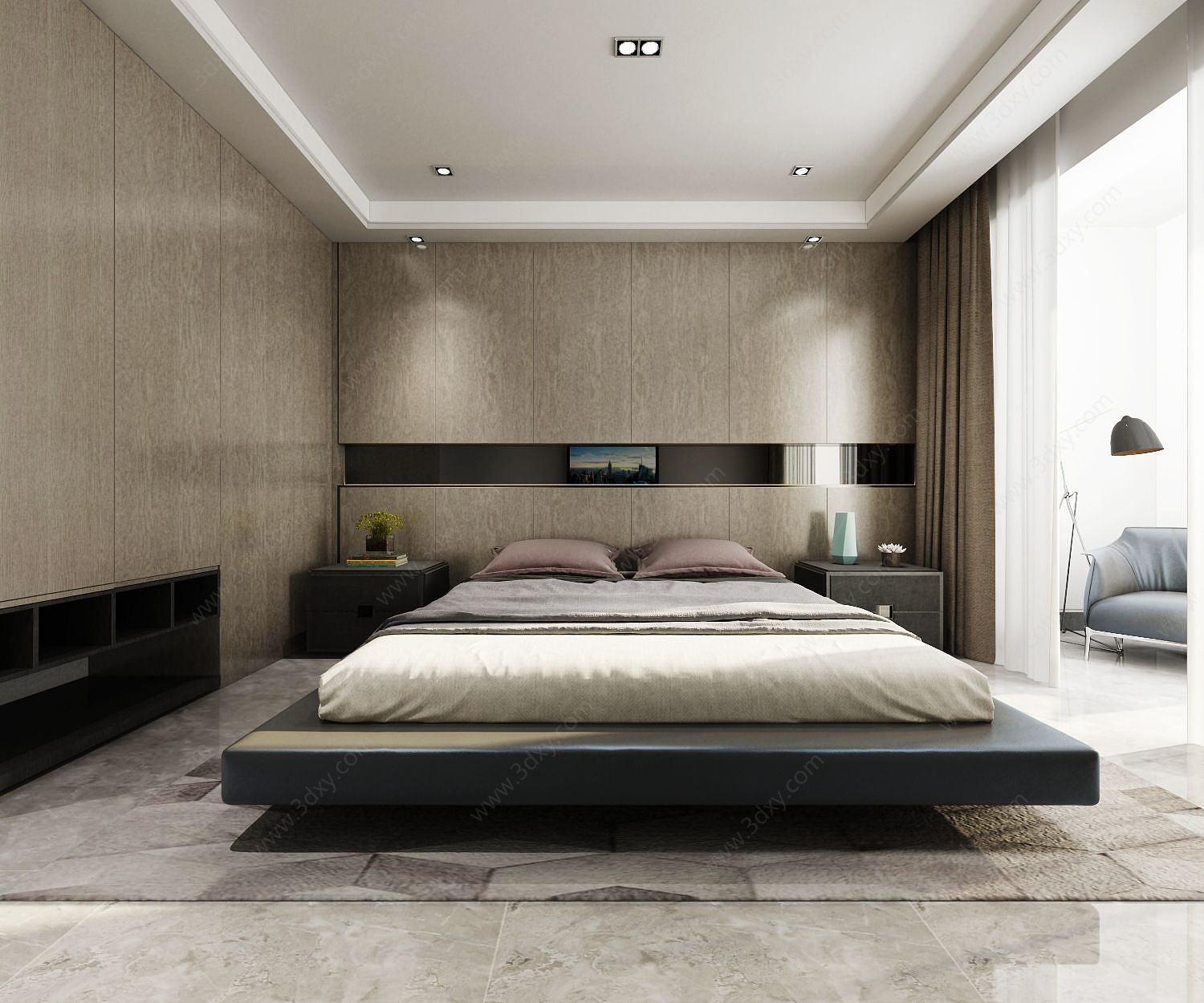 现代卧室简约双人床3D模型