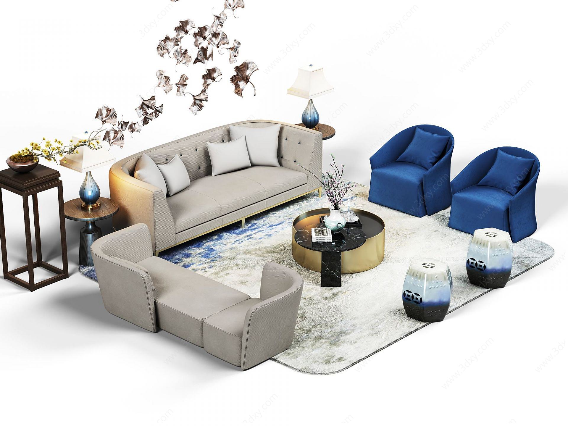 现代沙发贵妃椅茶几组合3D模型