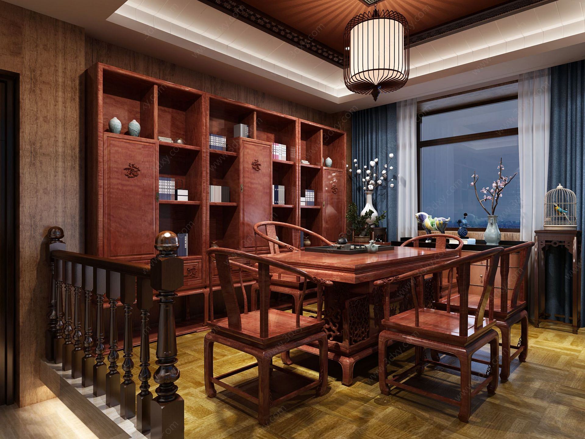 中式茶室茶桌椅茶柜组合3D模型