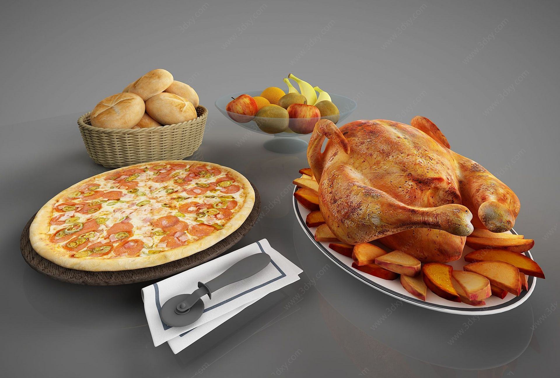 食物烤鸡披萨面包3D模型