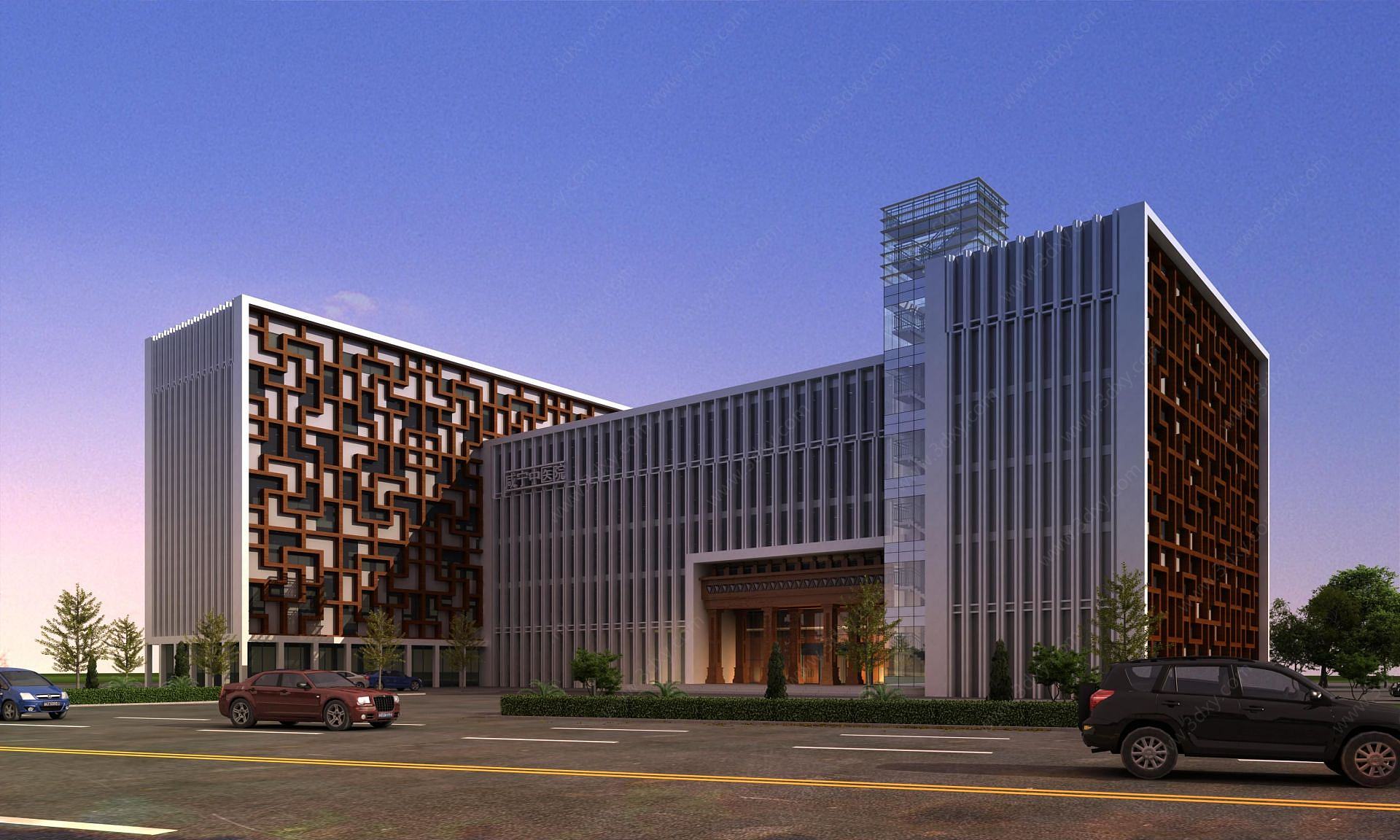 现代中医院建筑外观3D模型