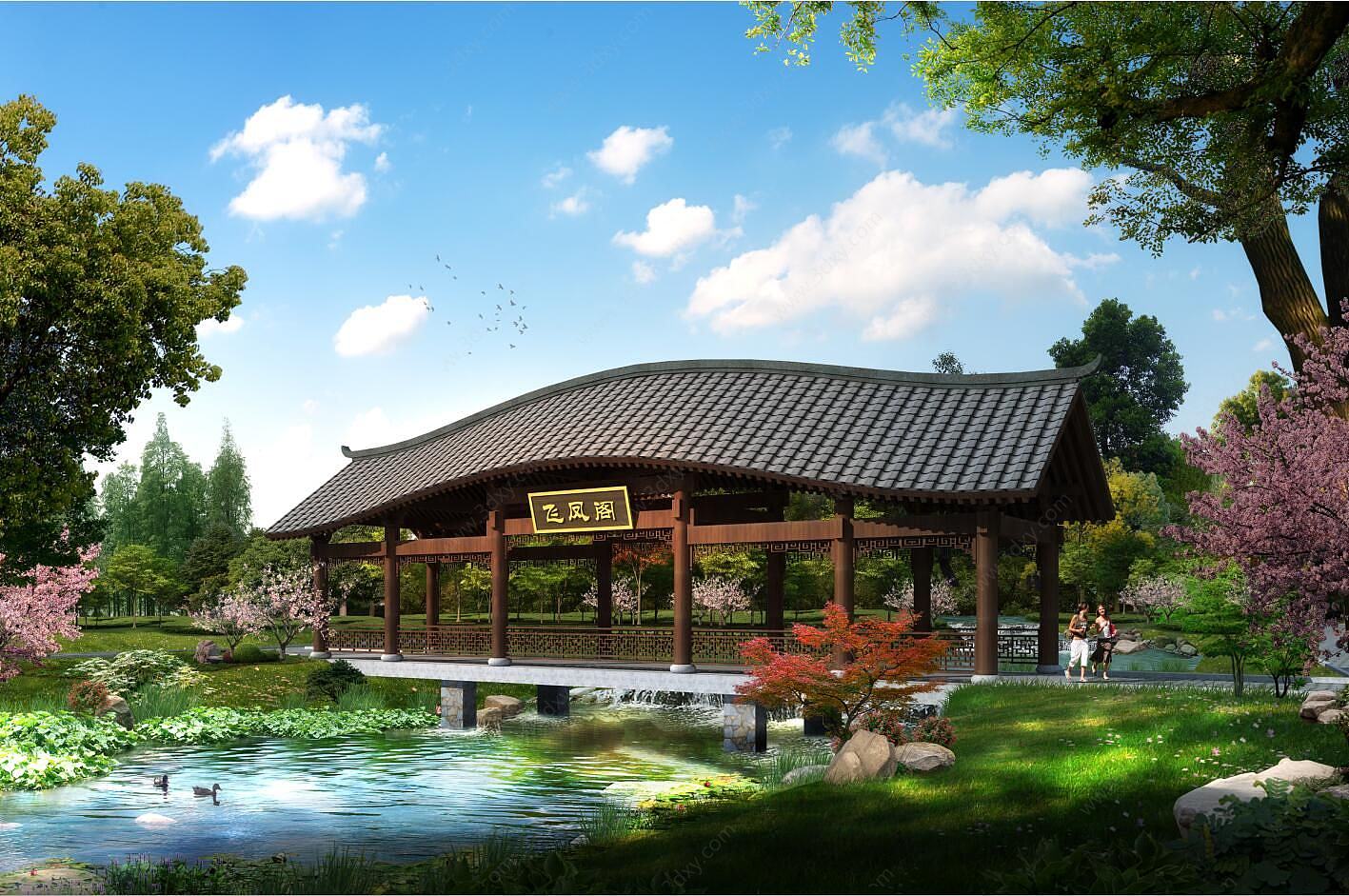 中式建筑景区廊桥3D模型