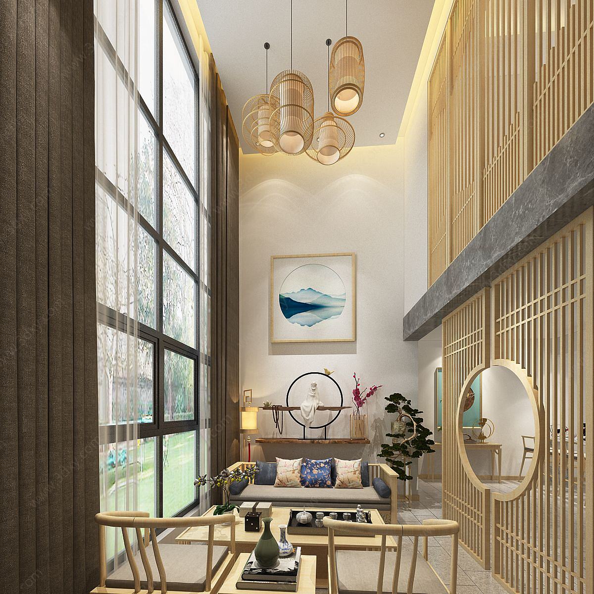 新中式客厅多人沙发茶几3D模型