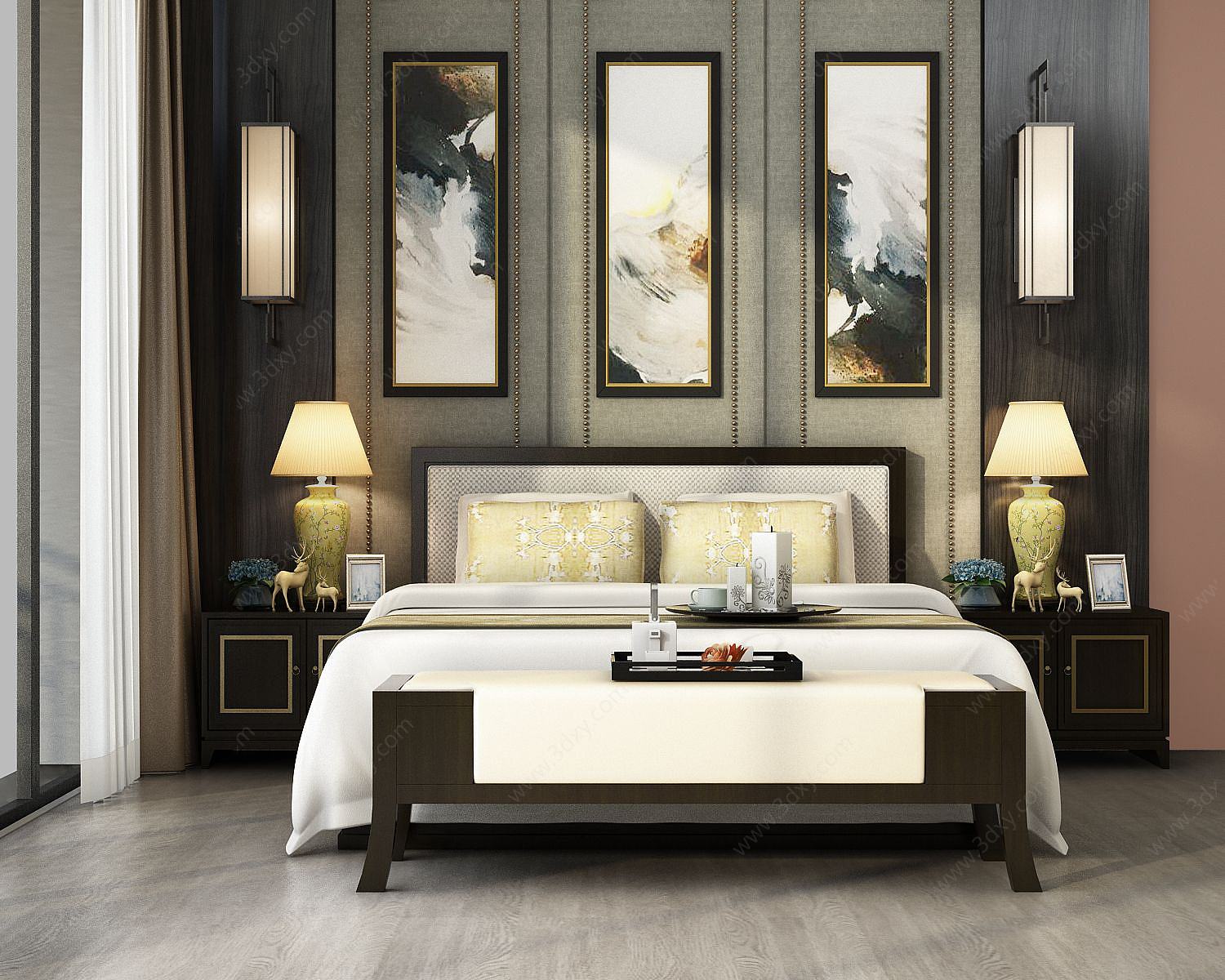 现代卧室双人床组合3D模型
