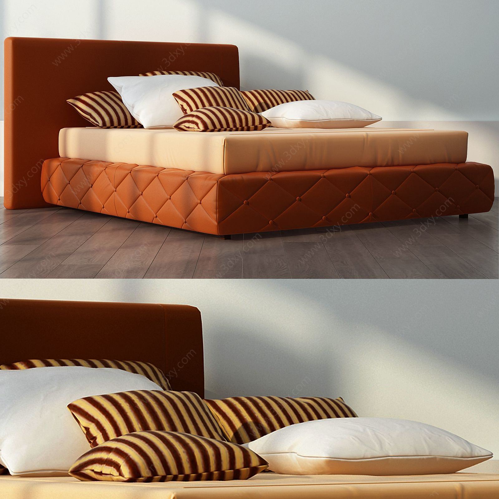 现代卡其色双人床3D模型